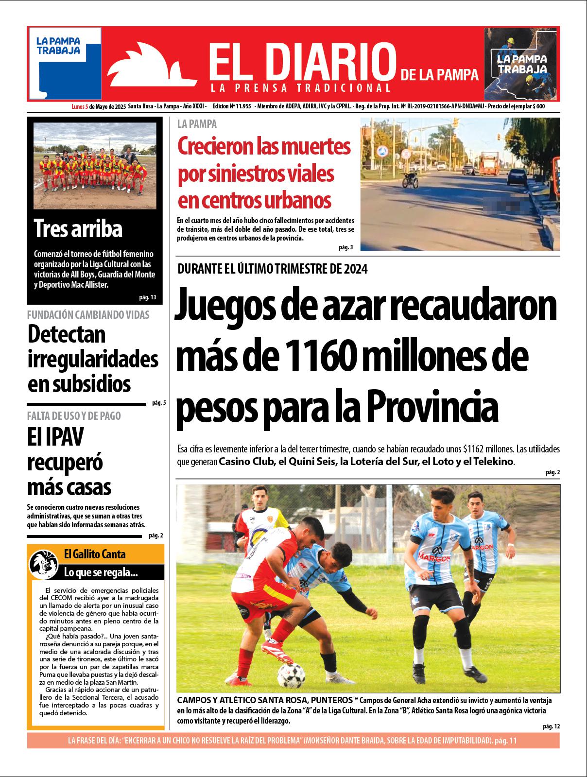Tapa de El Diario en papel  lunes 05 de mayo de 2025